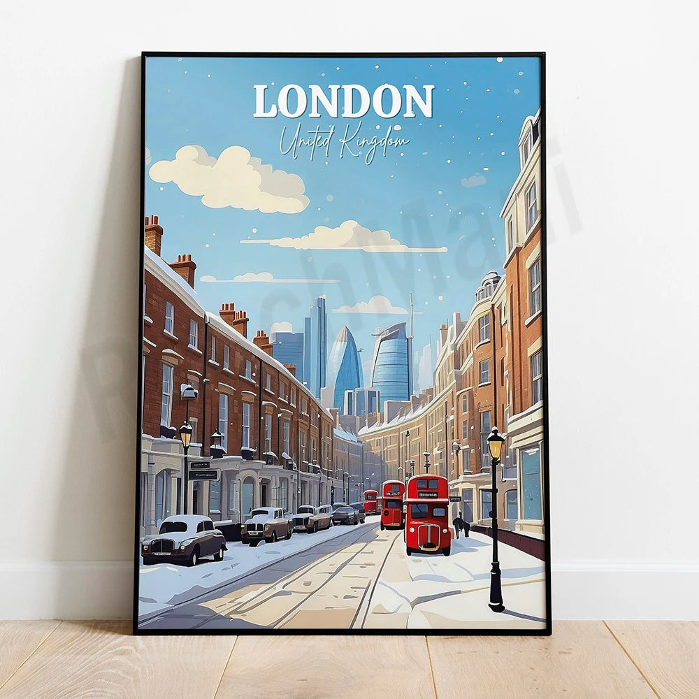 Cette image représente une scène de Londres, ville du Royaume-Uni, avec des bâtiments historiques, des bus rouges caractéristiques et des gratte-ciels modernes à l'arrière-plan, dans un style de dessin animé stylisé.