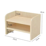 rangements multi niveaux bois moderne calculatrice stylos classeurs horloge bleu vert rouge