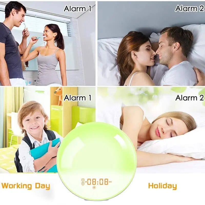 lampe réveil lumineuse simulation lever soleil radio fm horloge numérique veilleuse écran led moderne