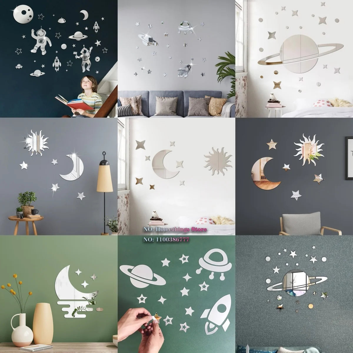 sticker mural astronautes planètes fusées étoiles moderne décoratif adhésif doré noir blanc