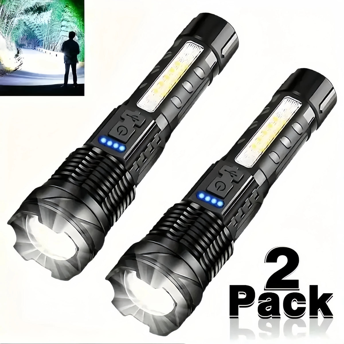 torches tactiques rechargeables led noires mode zoom lumière usb côté