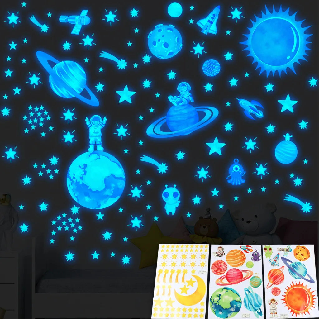 Stickers muraux planètes étoiles fusées astronautes enfants bleu vert illustratifs glow dark chambre bedroom
