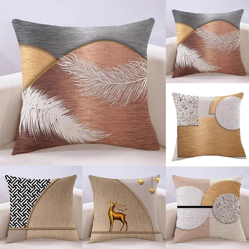 housse coussin moderne motif cerf doré géométrique canapé salon décoration maison gris