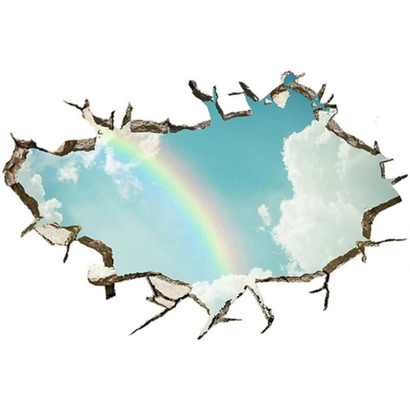 sticker mural 3d ciel bleu nuages étoiles béton fissuré adhésif chambre toit