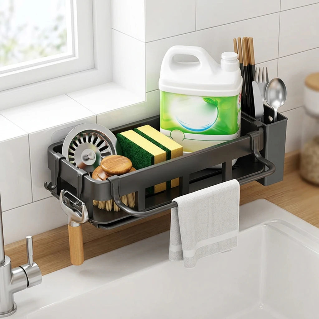 organisateur lavabo multifonctionnel acier inoxydable noir moderne adhésif outils cuisine savon cuillère fourchette couteau