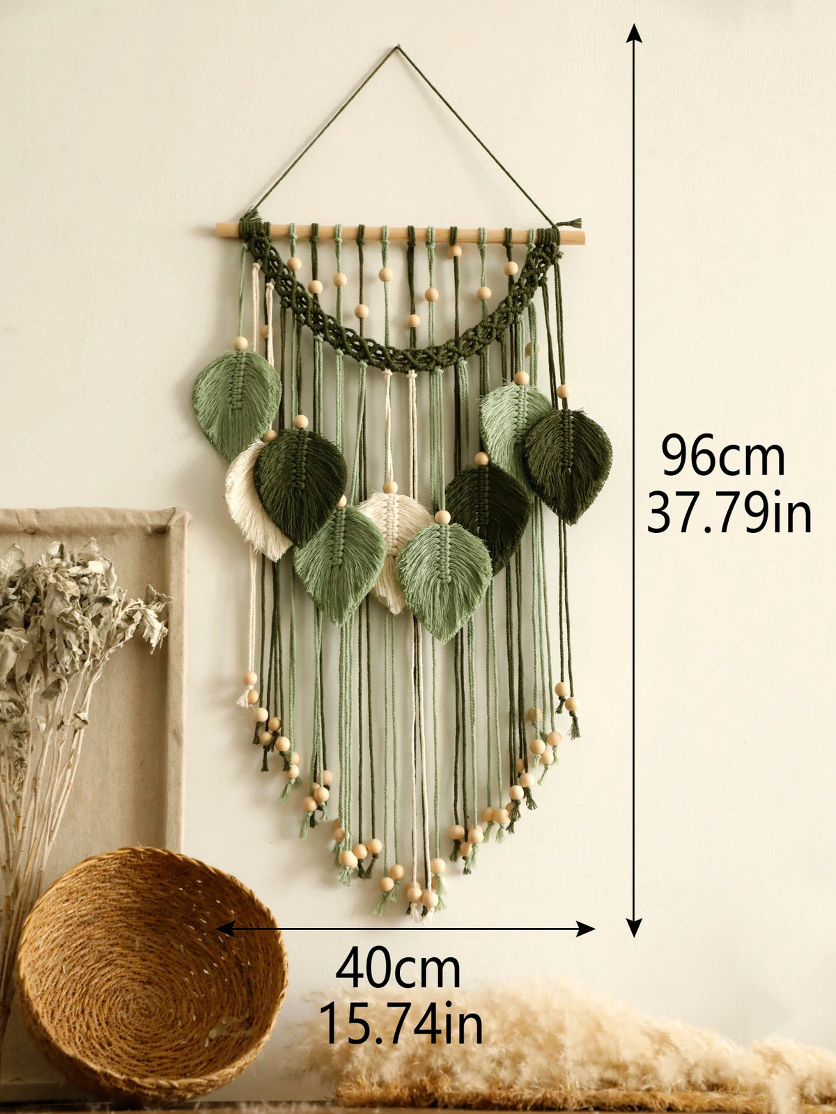 macramé mur vert olive feuilles cœur franges boho décoration murale ornement maison