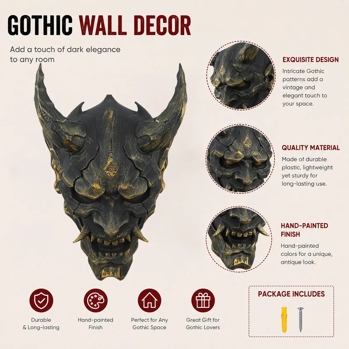 masque démon noir doré texture rugueuse gothique vis fixations ornement mural vintage