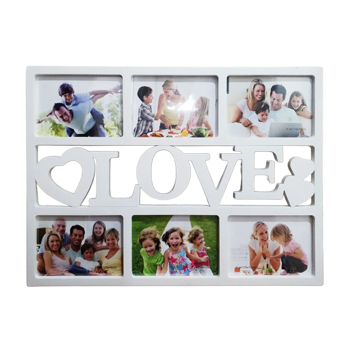cadre photo multiple six ouvertures decoratif blanc noir motifs coeurs love family