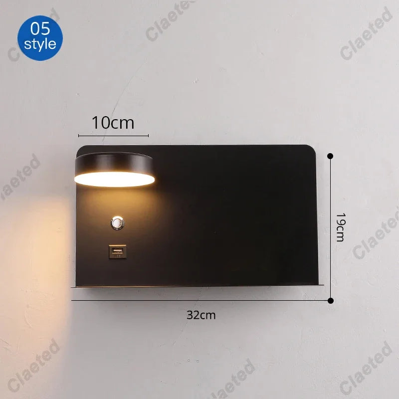 lampe murale moderne noire blanche tablette prise électrique câble charge contrôle