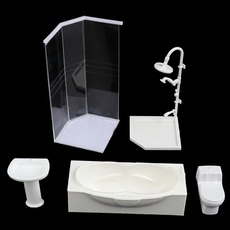 accessoires deco maison poupée ensemble salle bain douche baignoire evier wc resine blanc moderne