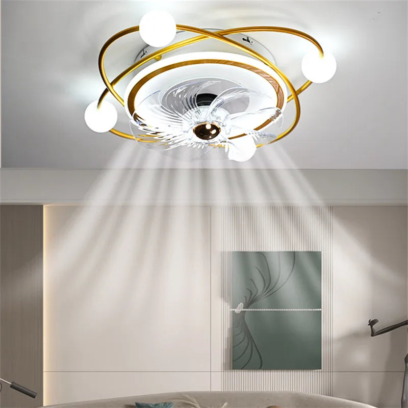 ventilateur moderne sphères blanches anneaux dorés télécommande lumière led salon luxe