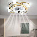 ventilateur moderne sphères blanches anneaux dorés télécommande lumière led salon luxe