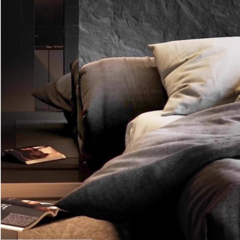 lit moderne gris carreaux 180x200cm bois oreillers draps couverture chambre