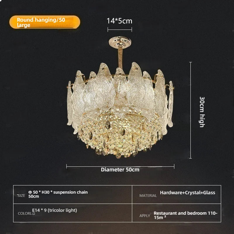 lustre cristal transparent doré feuilles pendeloques classique chambre salon