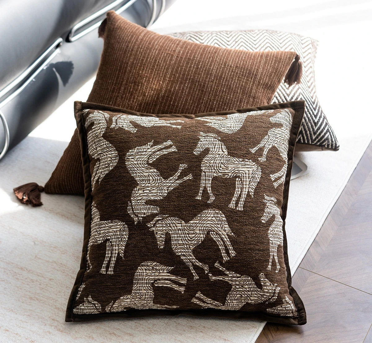 housse coussin polyester géométrique beige marron nordique contemporain adhésif tassel decoration intérieur voiture