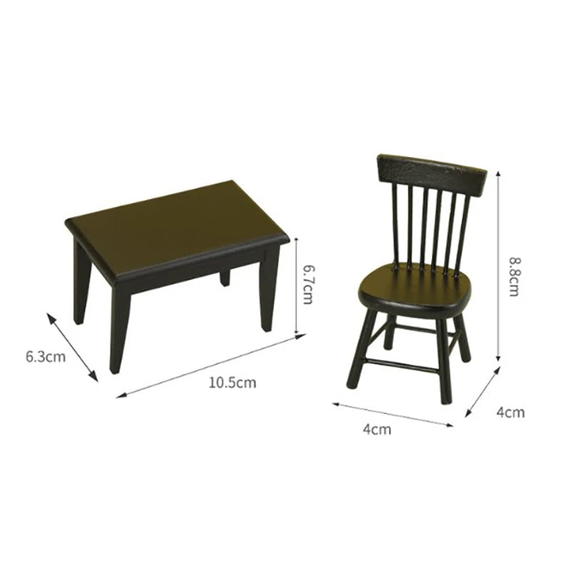 miniature table noire chaises rustiques assiettes nourriture marmite animal peluche traditionnelle deco jouet