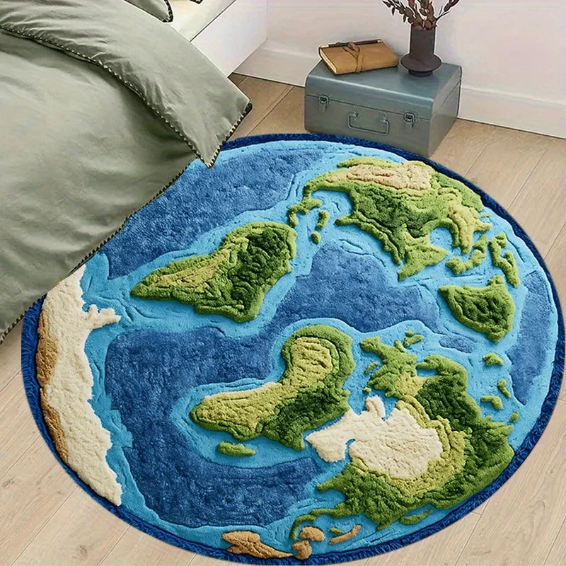 tapis rond relief 3d continents bleu vert beige moderne antidérapant polyester insonorisation chambre