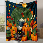 Un plaid douillet avec une image d'automne colorée et chaleureuse, représentant des feuilles, citrouilles, un chat noir et divers accessoires de la saison.