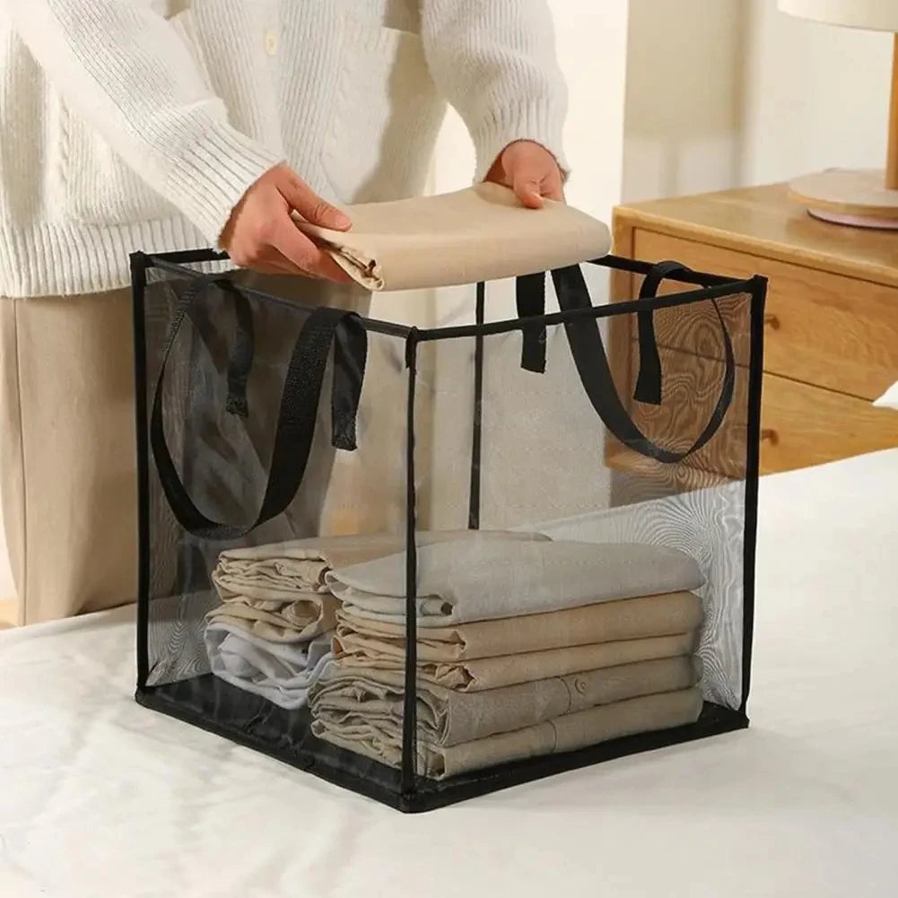 panier linge pliable transparent moderne polyester poignées noires réutilisable multiple capacité grande