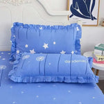 ensemble deux taies d'oreiller bleu fleurs blanches romantique lit double coton polyester