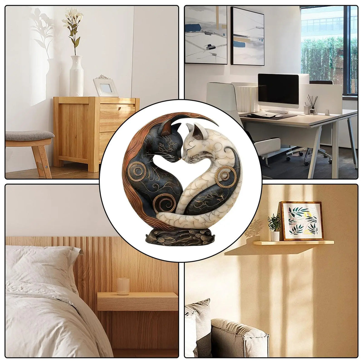 statue chats enlacés résine noire blanche motifs floraux décorative yin yang maison adulte