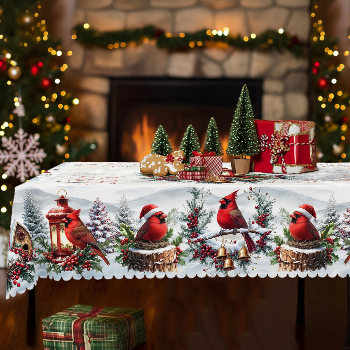 nappe table noël oiseaux houx cloches festive traditionnelle imperméable polyestre blanc rouge verte