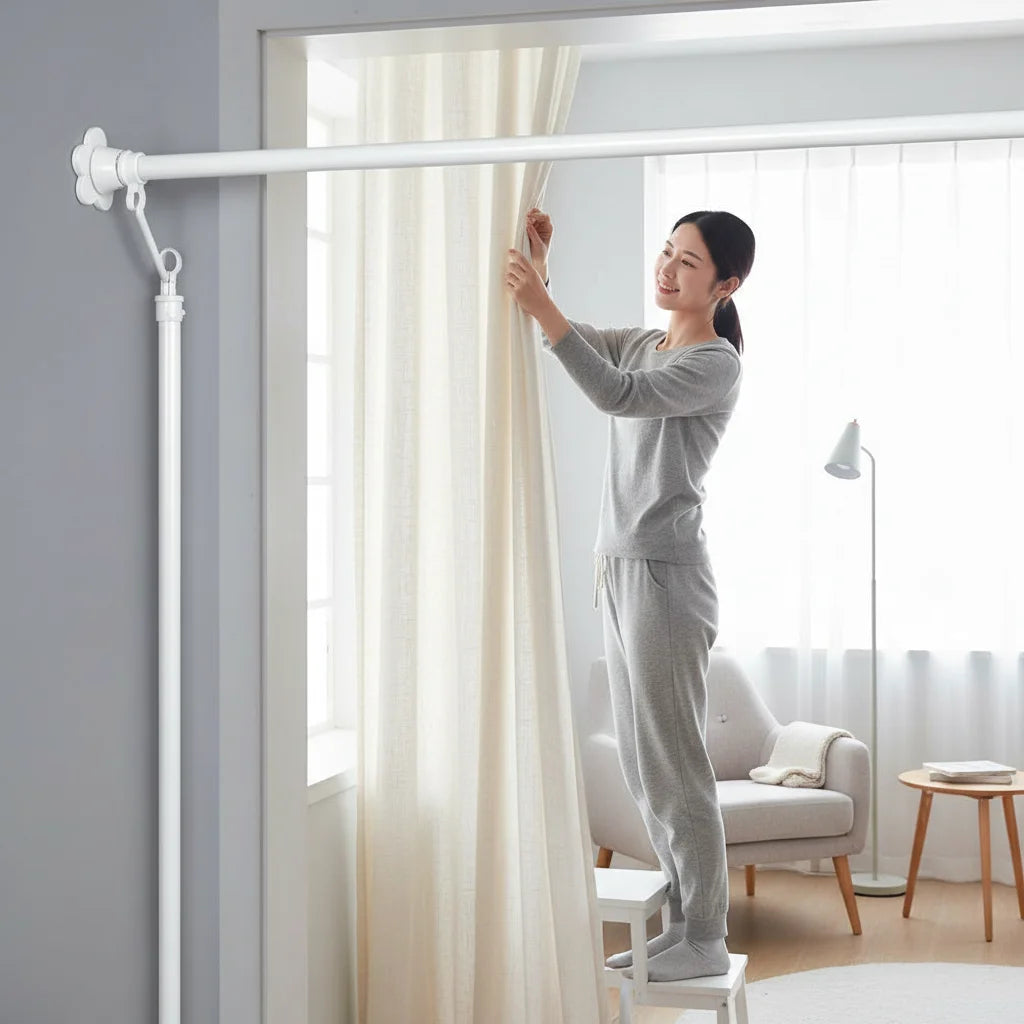 tringles télescopiques extensibles blancs modernes rideaux douches sans perçage adaptable coton anneaux boucles métal