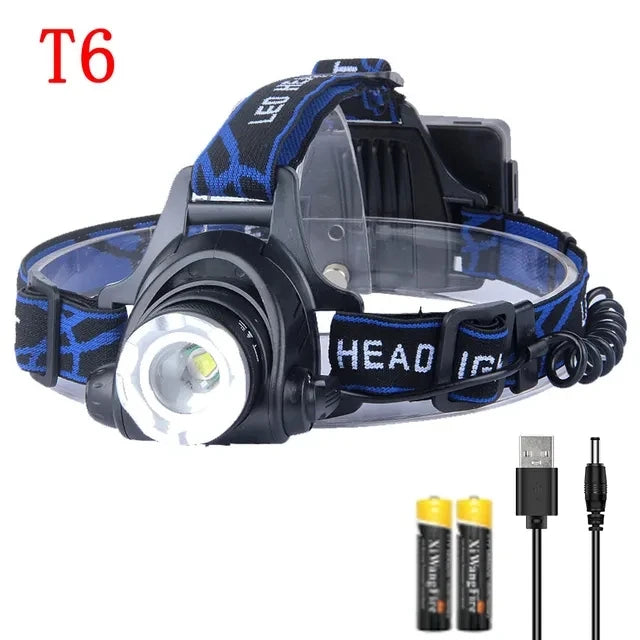 lampe frontale led rechargeable batterie 18650 noir bleu bandes ajustables haute luminosité camping outdoor