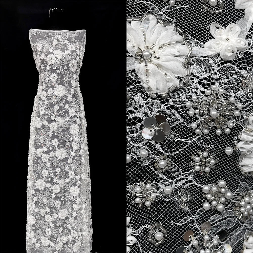 tissu dentelle fleurs sequins mariage rose pâle blanc bleu clair élégant brodé qualité écologique