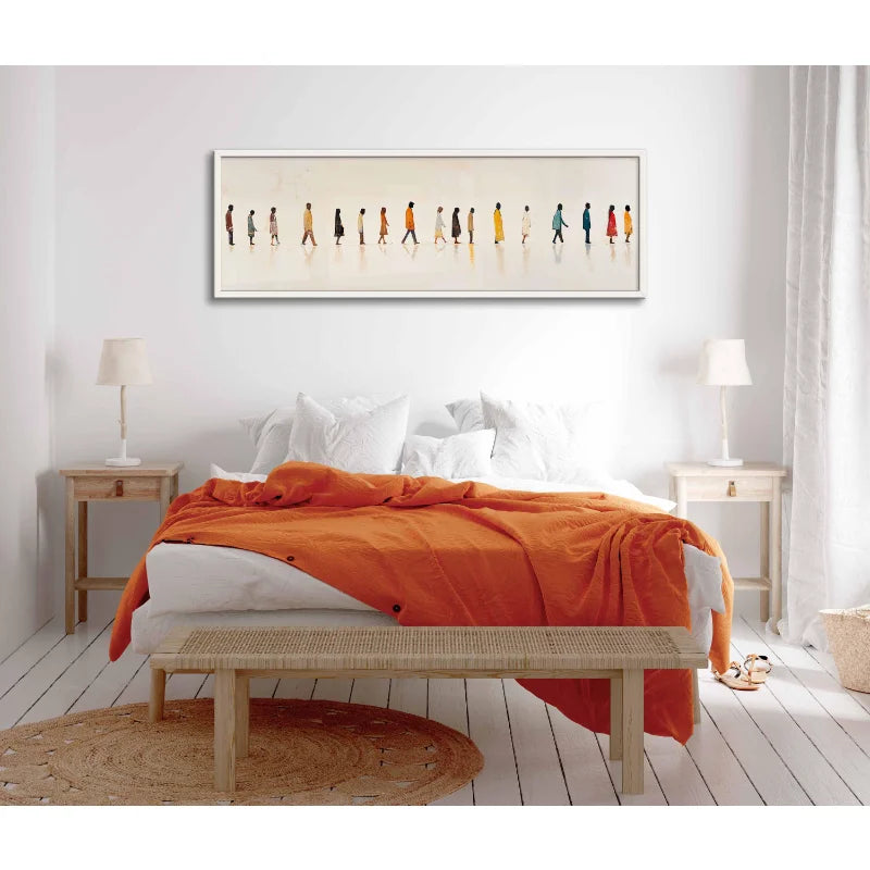 toile peinte contemporaine personnages marchant blanc gris multicolore vertical decoration mur wall art impression