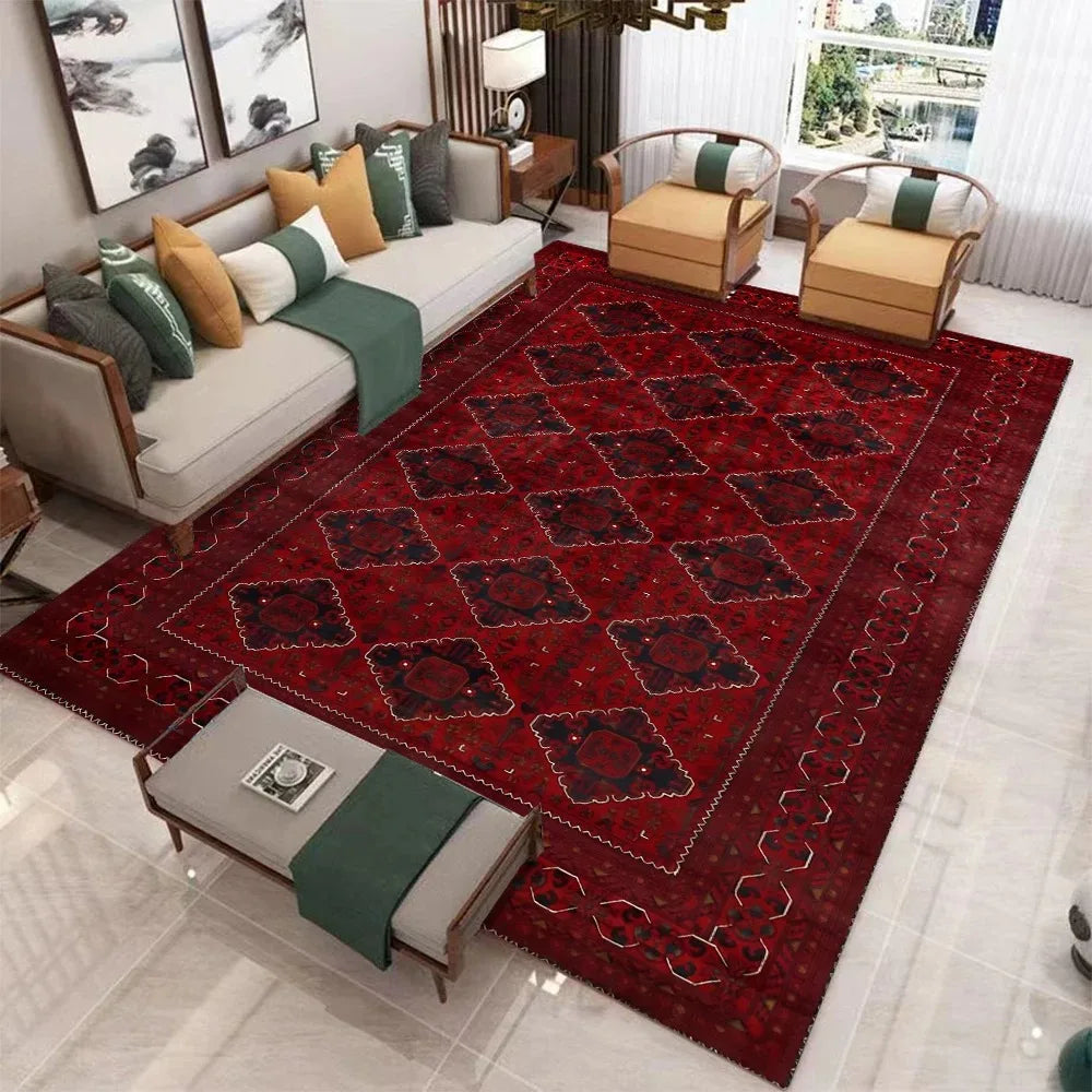 tapis moderne rouge noir beige motif géométrique velours mousse antidérapant salon chambre décoration maison