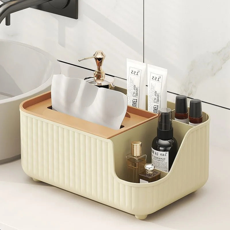 boîte rangement multifonctionnelle moderne beige clair rayures verticales pieds ronds mouchoirs lunettes télécommande parfum