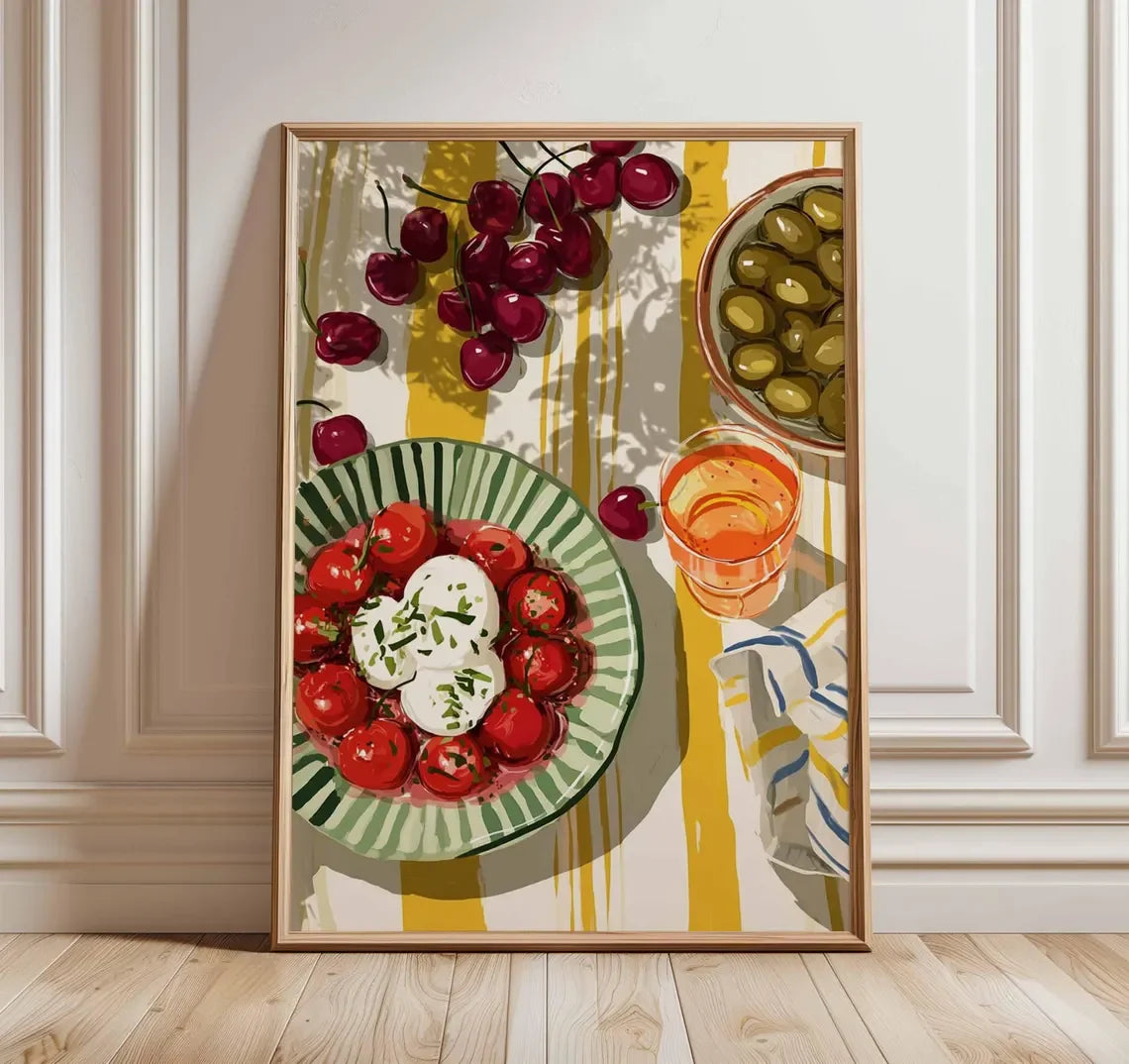 tableau mural fruits modernes prunes tomates cerises couleurs vives vert rouge jaune blanc opaque