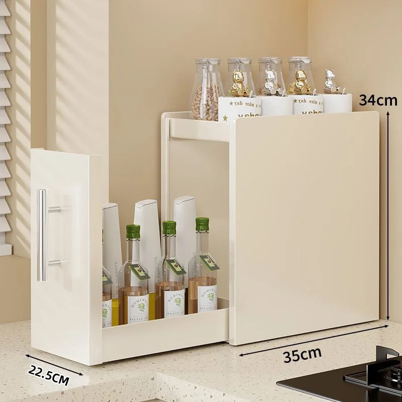rangement cuisine blanc moderne cuillères bouteilles sauces épices poignées métalliques sans assemblage