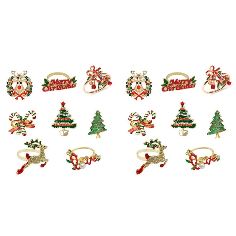 anneaux serviette or vert rouge noël cerfs sapins guirlandes clips strass festive