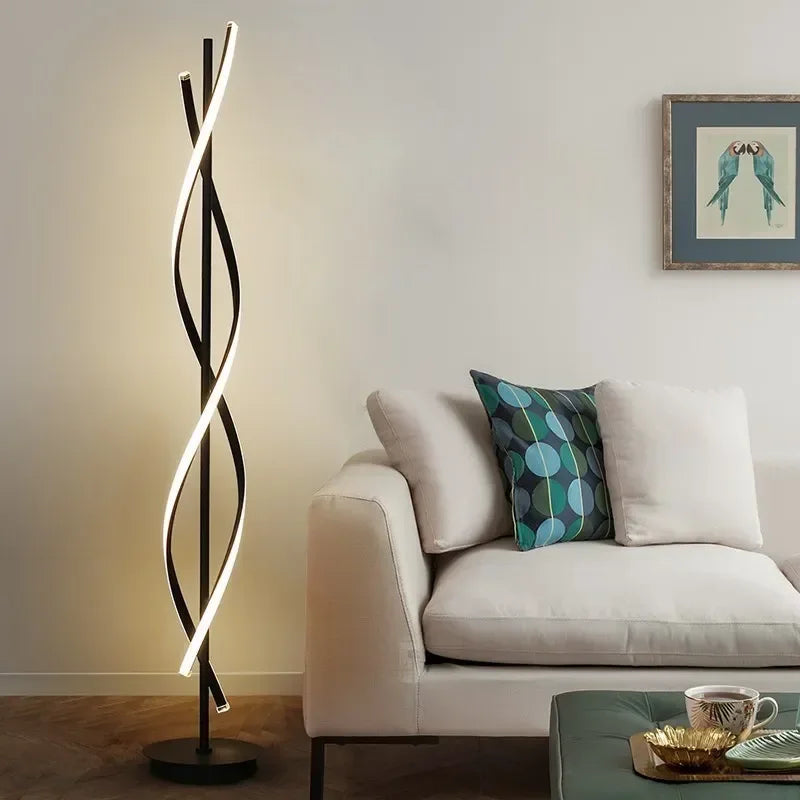 lampe sol moderne spirale noir blanc LED minimalist éclairage salle manger chambre