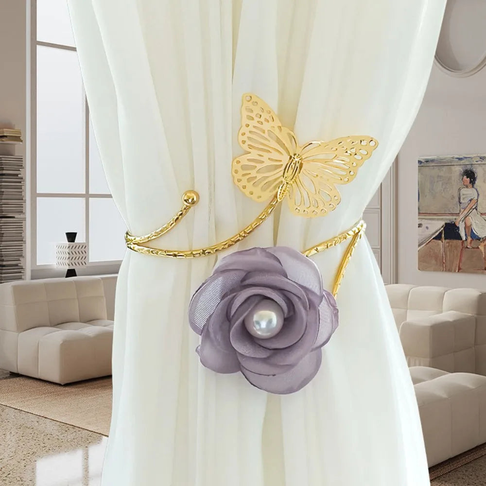 accessoires fenetre sangles rideau papillon fleur blanche dorée élégante transparente