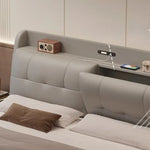 lit double moderne gris clair bois simili cuir tiroirs rangement tablette