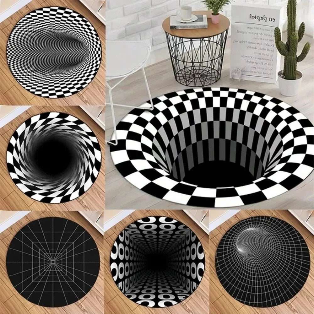 tapis rond moderne noir blanc carré spirale grille océan abstrait salon chambreextérieur sdb toilette