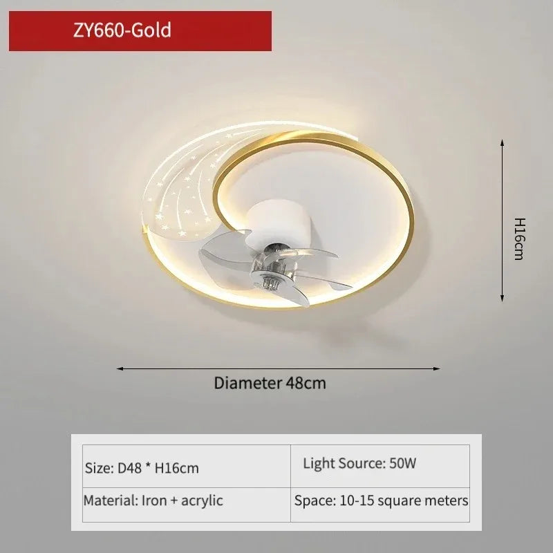 ventilateur moderne sphères blanches anneaux dorés télécommande lumière led salon luxe