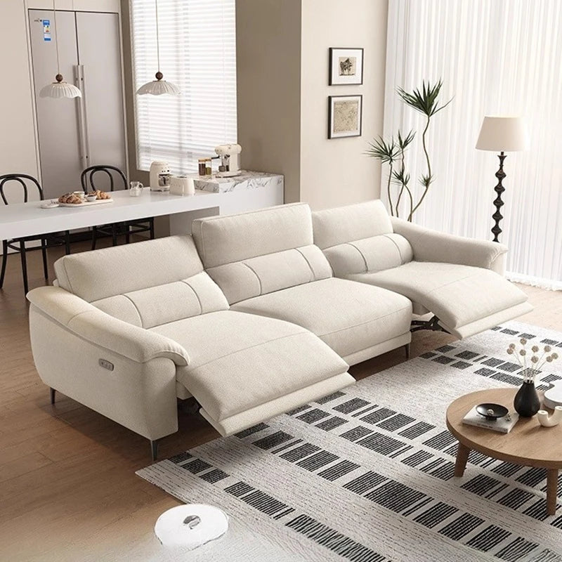 canapé d'angle moderne beige clair tissu confortable grand salon épuré coussins