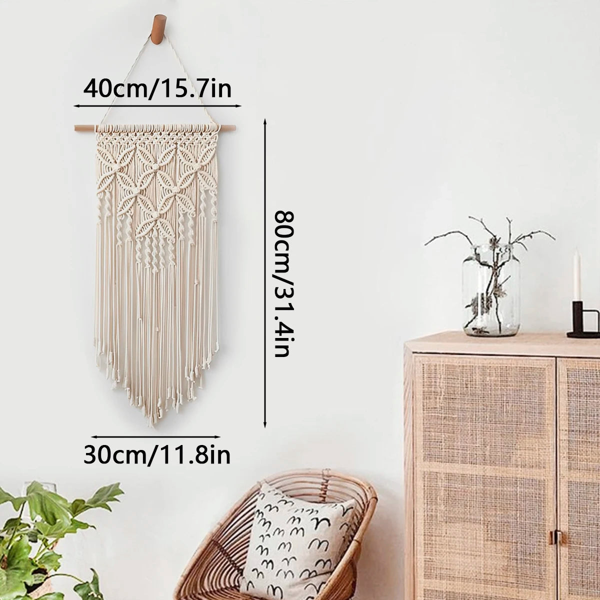 tapisserie murale macramé boho beige clair motif géométrique texture tissée crochet boisSuspensionruban