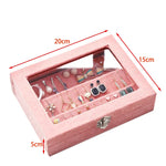 présentoir bijoux velours rose gris classique élégant boîte transparente couvercle boucles oreilles colliers bagues