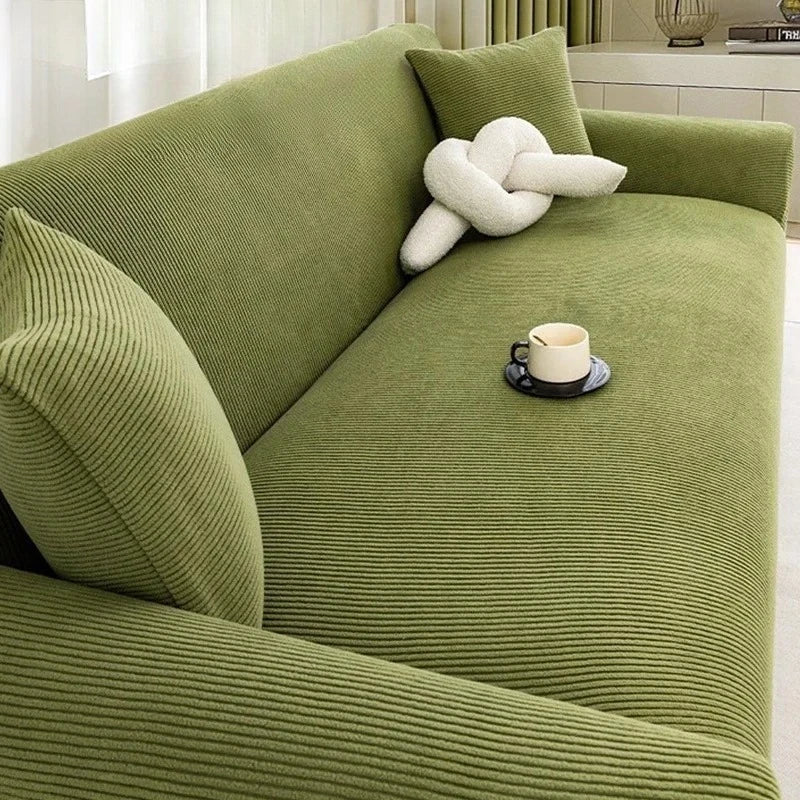 Housse canapé vert olive rayures moderne 170 240cm fixations invisibles coussin blanc