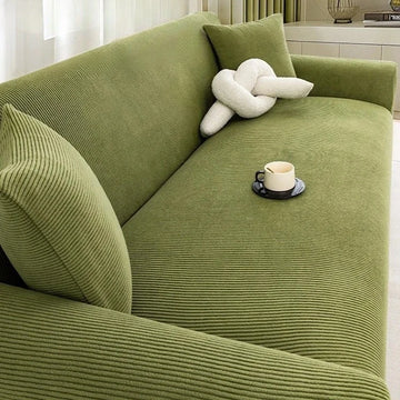 Housse canapé vert olive rayures moderne 170 240cm fixations invisibles coussin blanc