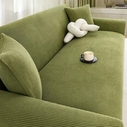 Housse canapé vert olive rayures moderne 170 240cm fixations invisibles coussin blanc