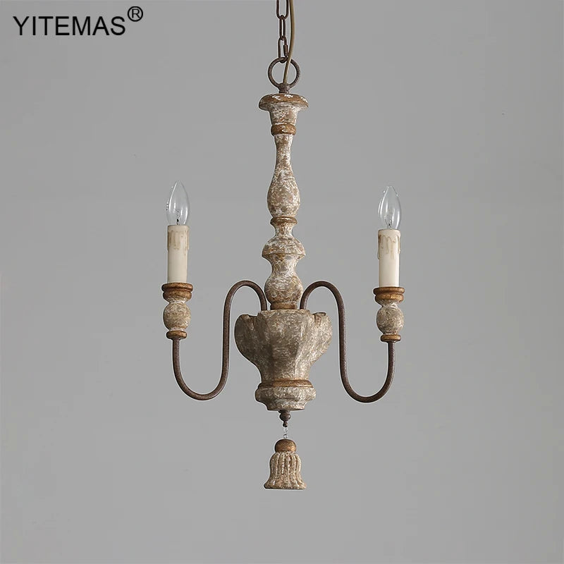 lustre vintage rustique bois naturel métal noir trois lumières suspension entrée couloir