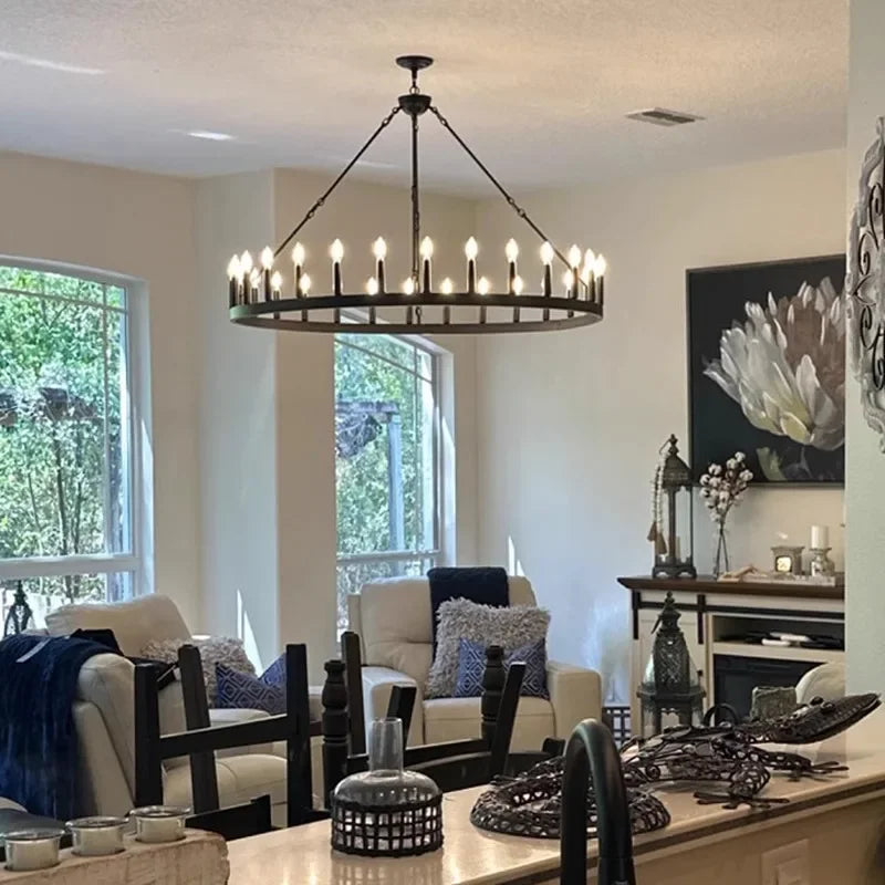 lustre moderne rustique noir multiple branches 20 ampoules E12 chaines suspension salon salle manger