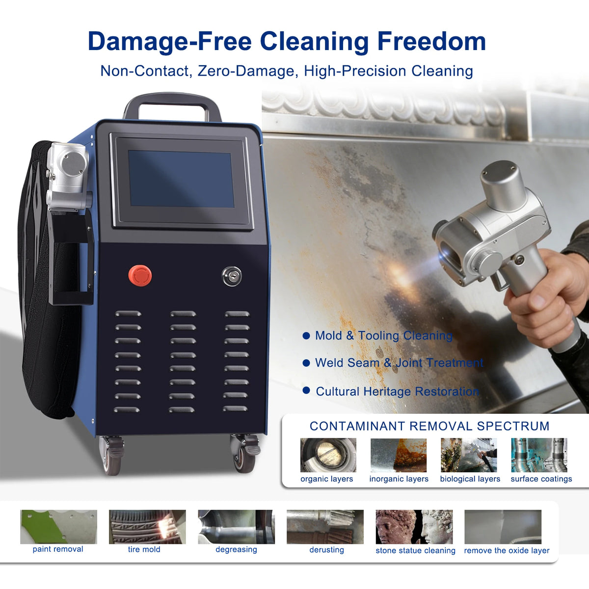 machine laser nettoyage rouille peinture oxyde portable écran tactile lance pistolet câble gris certification