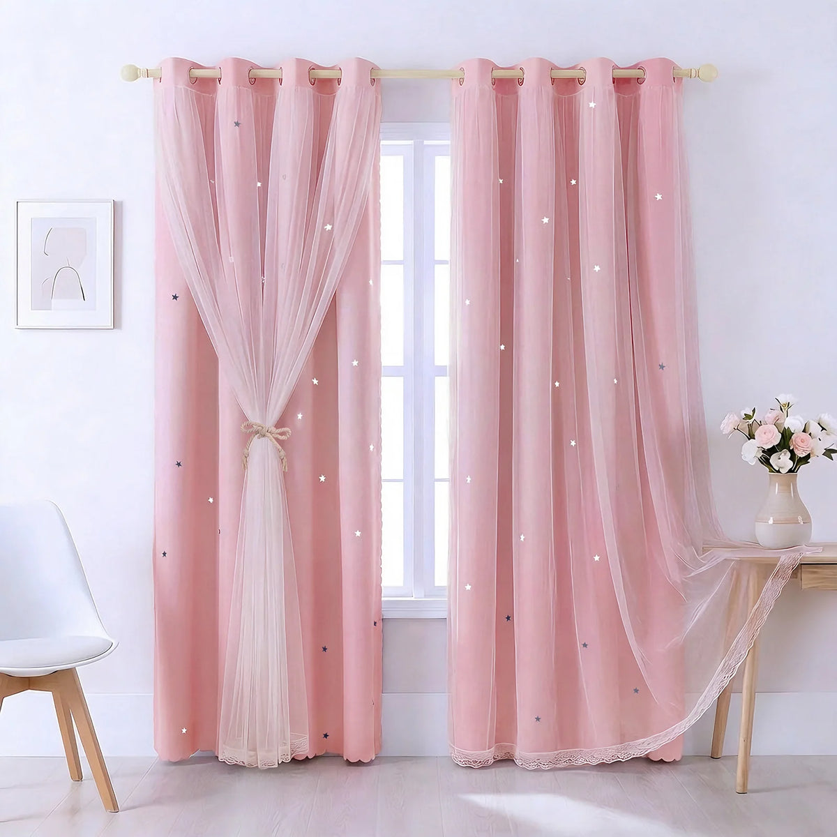rideaux violet rose bleu clair étoiles rayures horizontales transparents anneaux métalliques moderne chambre fenêtre